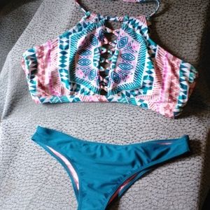 High neck laced front teal and rust bikini w cheeky bottoms